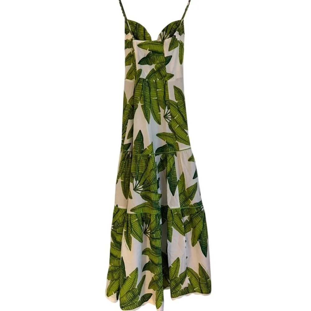 Farm Rio Green Banana Leaf Tiered Midi Dress XL Tropical Beaded Straps Scalloped - Picture 9 of 10
